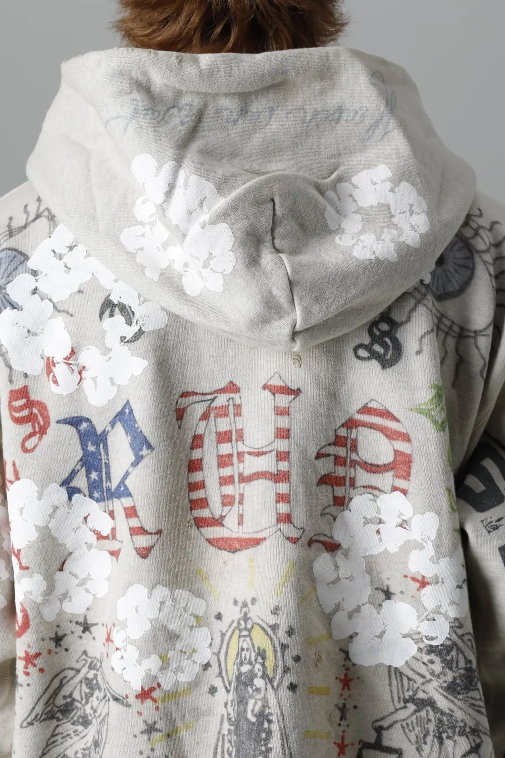 DENIM TEARS × ©SAINT M×××××× "SAINT TEARS" Graffiti Hoodie Joint Model Cotton Graffiti Hoodie Fully Printed Washed Distressed Holes Vintage Sweatshirt Gray S-XL Super Heavy Duty! The whole piece is printed with 35 screens and counterpoint printing!